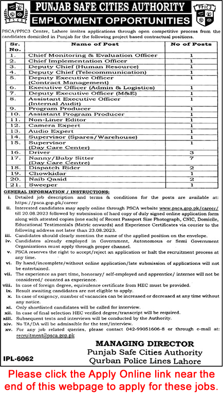 Punjab Safe City Authority Jobs August 2023 PSCA PPIC3 Online Apply Baby Sitter, Nanny & Others Latest