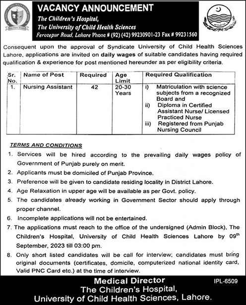 Nursing Assistant Jobs in Children's Hospital Lahore August 2023 University of Child Health Sciences Latest