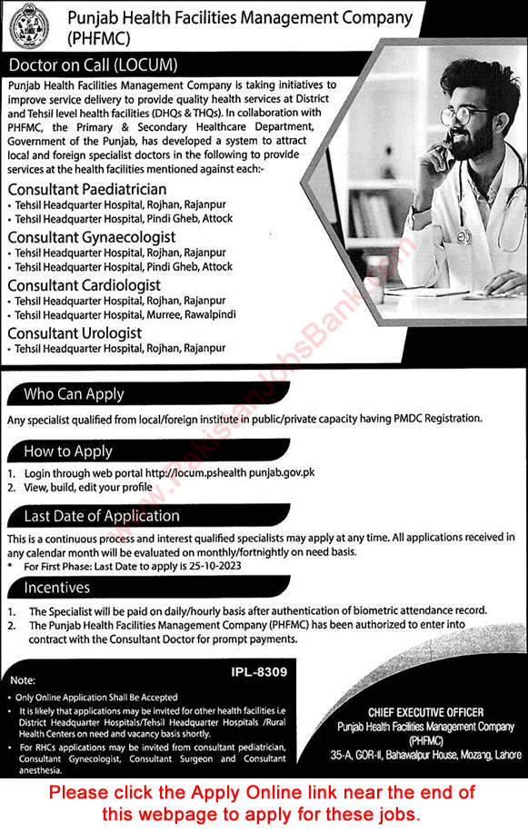 Medical Consultant Jobs in Punjab Health Facilities Management Company 2023 October Apply Online Latest