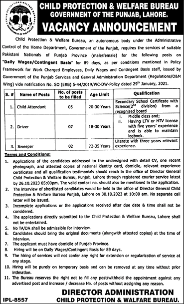 Child Protection and Welfare Bureau Punjab Jobs 2023 October Child Attendants & Others Latest