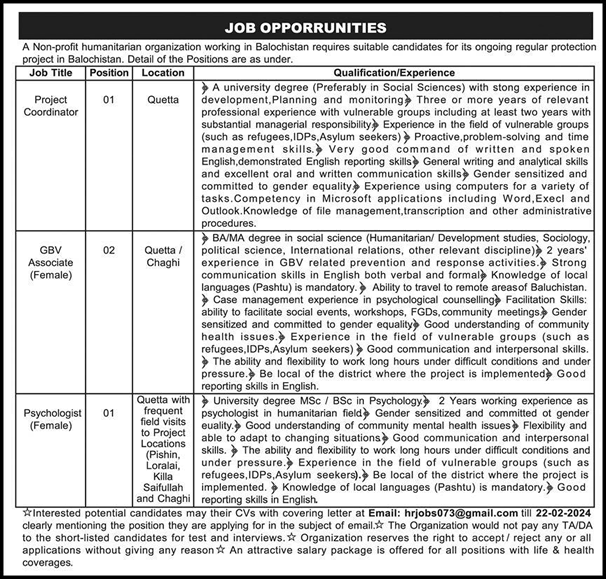 NGO Jobs in Balochistan February 2024 Psychologist & Others Latest