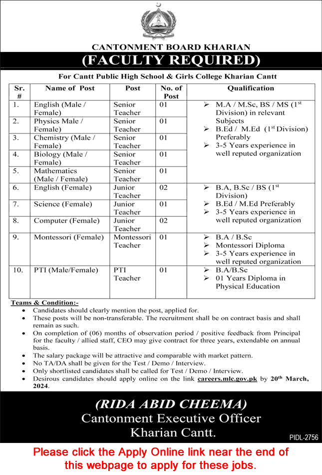 Cantt Public High School & Girls College Kharian Jobs March 2024 Teachers & PTI Cantonment Board Latest