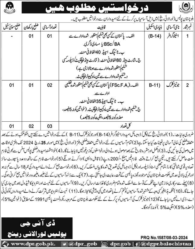 Balochistan Police Jobs 2024 March Loralai Range Stenographer & Clerks Latest