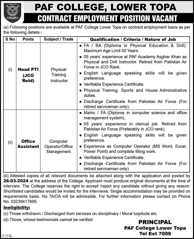 PAF College Lower Topa Jobs March 2024 Office Assistant & Head PTI Latest