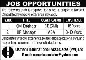 Civil Engineer & HR Manager Jobs in Karachi March 2024 Sindh Latest