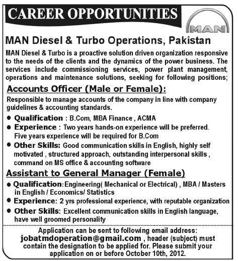 Man Diesel Turbo Operations Company Requires Account And Management Staff In Lahore Jang On 23 Sep 12 Jobs In Pakistan
