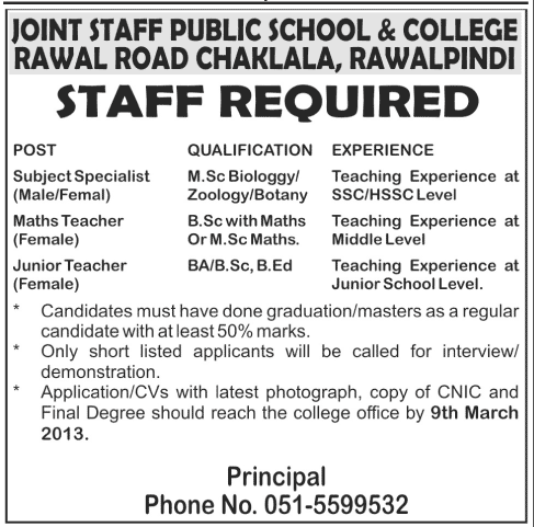 Joint Staff Public School & College Chaklala Rawalpindi Jobs 2013 Subject Specialists & Teachers