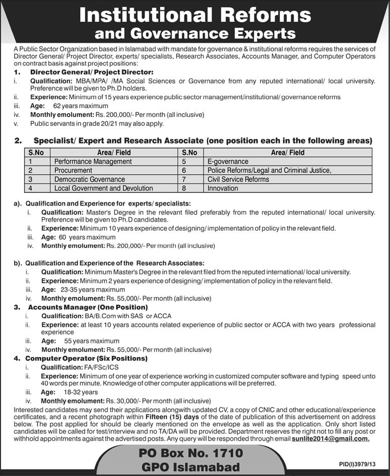 PO Box 1710 GPO Islamabad Jobs April 2014 for Institutional Reforms & Governance Experts