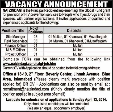 Nai Zindagi Jobs 2014 April for Site Manager, Field Supervisor, Finance / M&E & Project Officers
