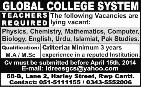 Global College System Rawalpindi Jobs 2014 April for Teaching Faculty