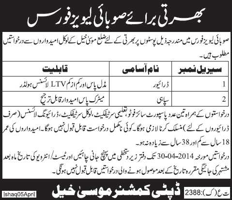 Balochistan Levies Force Jobs 2014 April for Drivers & Sipahi