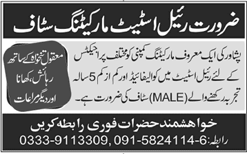 Marketing Jobs in Peshawar 2014 April for Real Estate Marketing