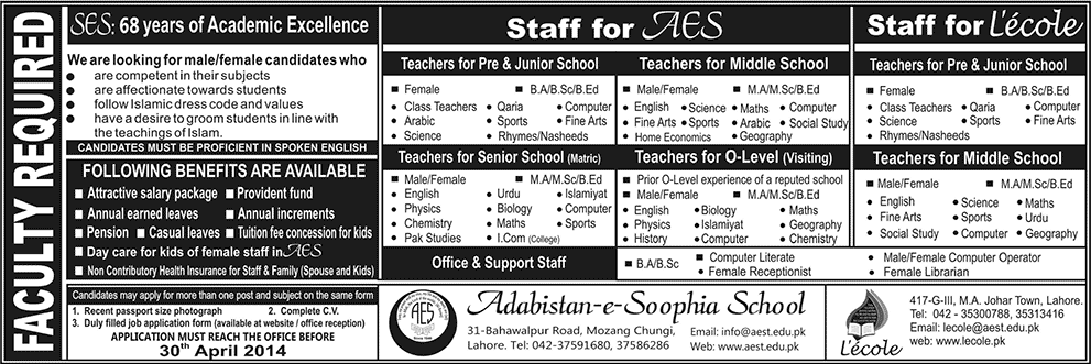Lecole / Adabistan-e-Soophia School Lahore Jobs 2014 April for Teaching & Non-Teaching Staff