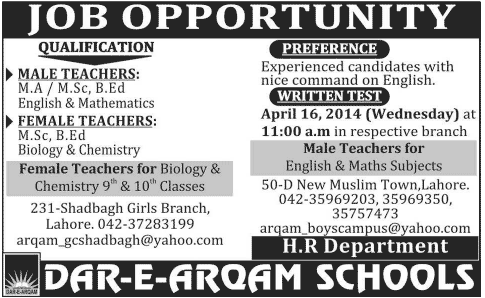 Latest Jobs for Teachers in Lahore 2014 April at Dar-e-Arqam Schools