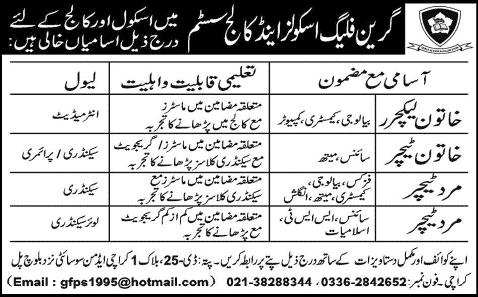 Lecturer & Teaching Jobs in Karachi 2014 April at Green Flag Schools & College System