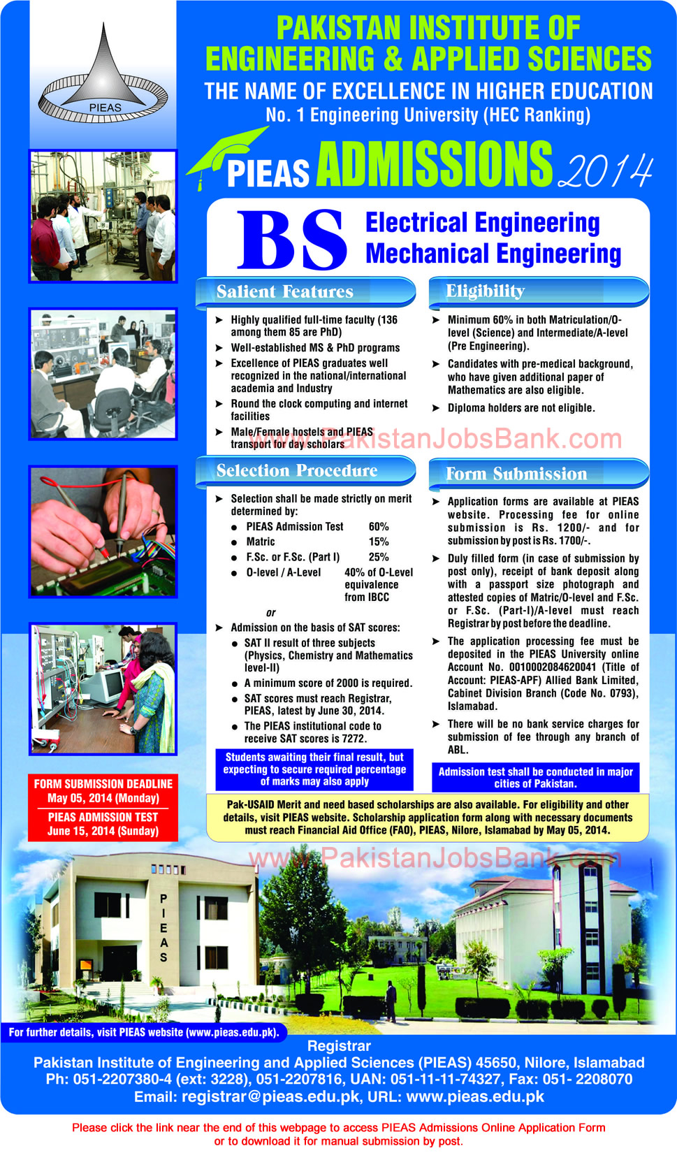 PIEAS Pak-USAID Scholarships 2014 Undergraduate / BS Electrical & Mechanical Engineering