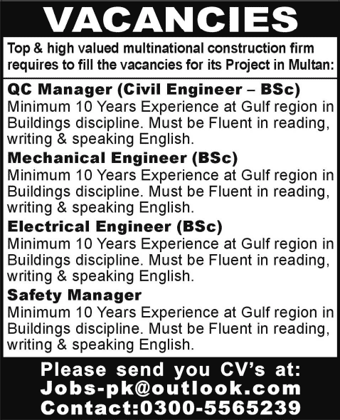 Safety Manager & Civil / Electrical / Mechanical Engineer Jobs in Multan 2014 April for Construction Firm