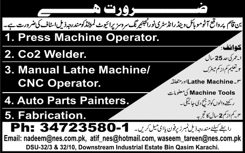 Noor Engineering Services Karachi Jobs 2014 April for Machine Operators, CO2 Welder, Auto Parts Painters & Fabricators