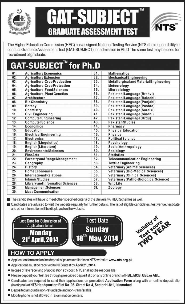 NTS GAT Subject Test 2014 April-May Form Download for Ph.D. / Graduate Recruitment