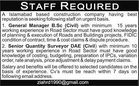 Civil Engineering Jobs in Islamabad 2014 April for a Construction Company
