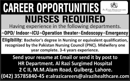 Nurse Jobs in Lahore 2014 April at Al Razi Surgimed Hospital