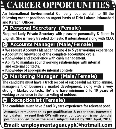 Secretary, Accounts / Marketing Manager & Receptionist Jobs in Lahore / Karachi / Islamabad 2014 April