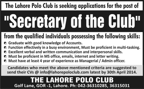 Club Secretary Jobs 2014 April at Lahore Polo Club