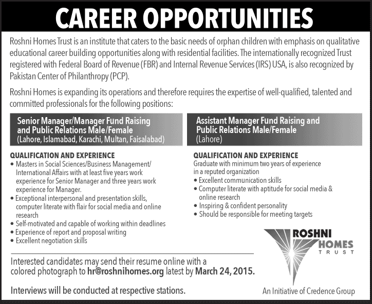 Roshni Homes Trust Jobs 2015 March Managers Fund Raising & Public Relations