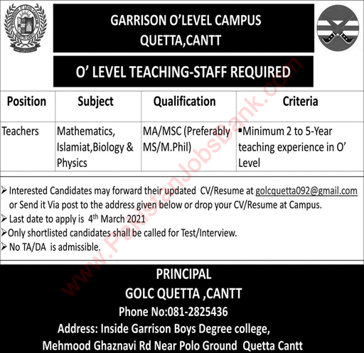 Teaching Jobs in Quetta February 2021 at Garrison O-Level Campus Latest