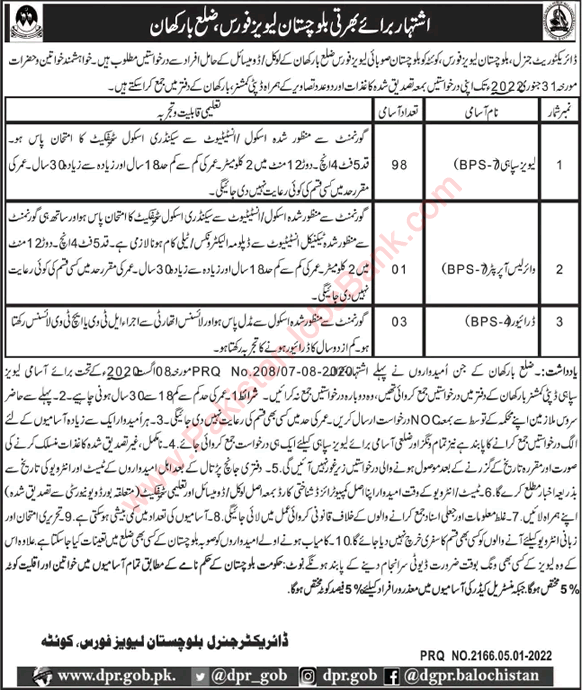 Balochistan Levies Force Jobs 2022 Levis Sipahi & Others Latest