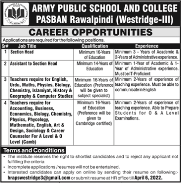 Army Public School and College Pasban Rawalpindi Jobs 2022 March Teachers & Others Latest