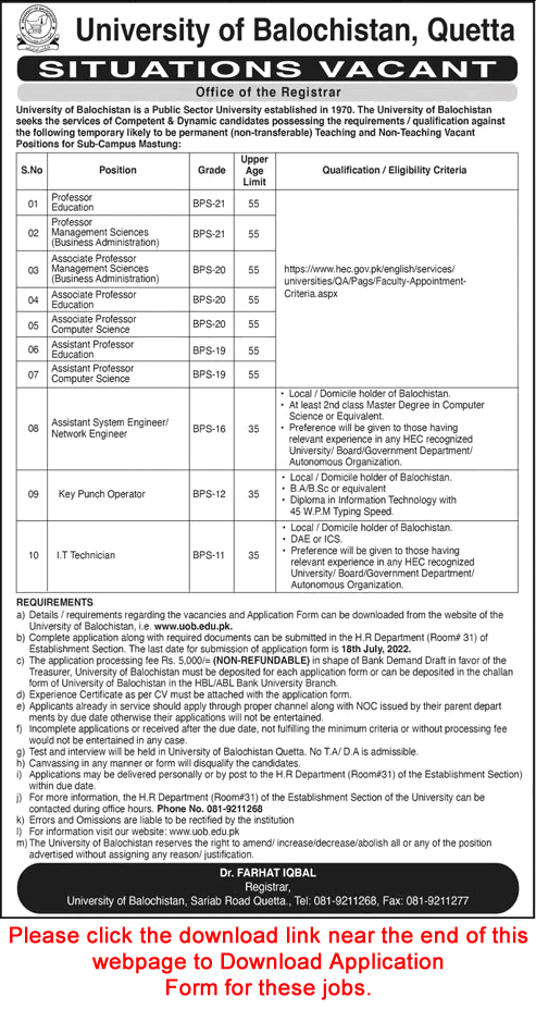 University of Balochistan Quetta Jobs June 2022 UOB Application Form Teaching Faculty & Others Latest