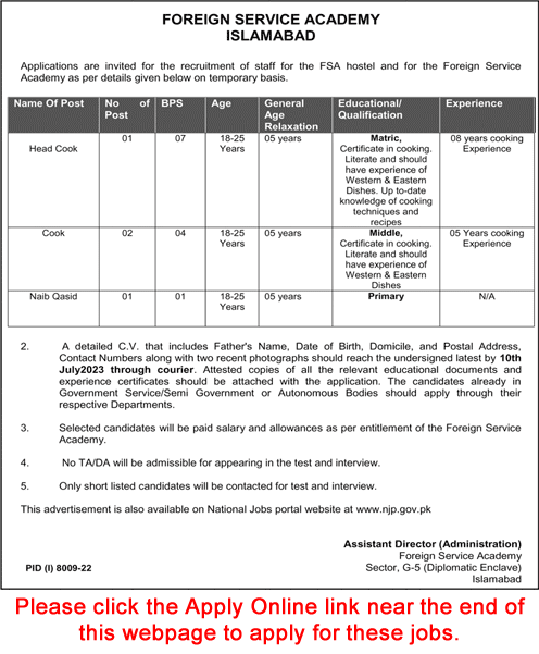 Foreign Service Academy Islamabad Jobs 2023 June / July Apply Online Cooks & Naib Qasid Latest
