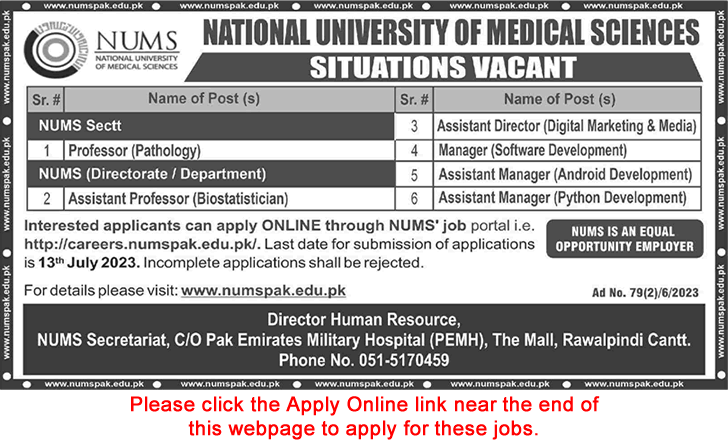 NUMS University Rawalpindi Jobs 2023 June / July Apply Online Teaching Faculty & Others Latest