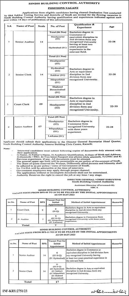 Sindh Building Control Authority Jobs 2023 July SBCA Clerks & Auditors Latest