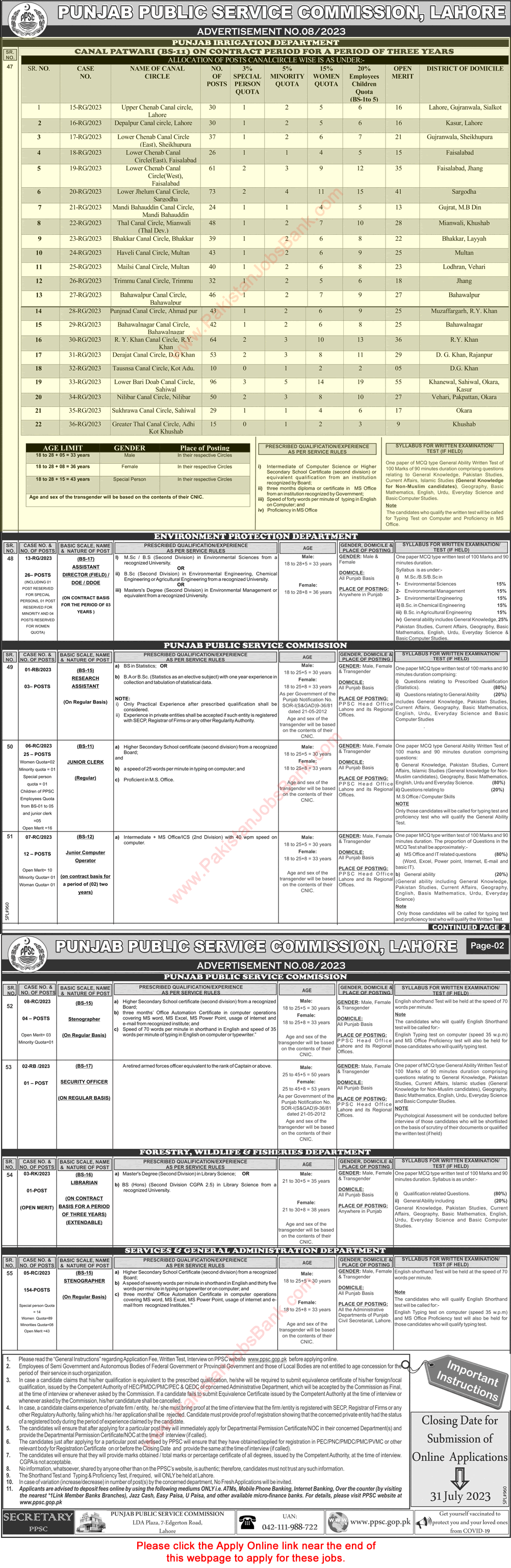 Canal Patwari Jobs in Irrigation Department Punjab July 2023 PPSC Apply Online Latest