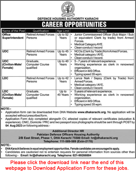 DHA Karachi Jobs July 2023 August Application Form Clerks & Office Superintendent Latest