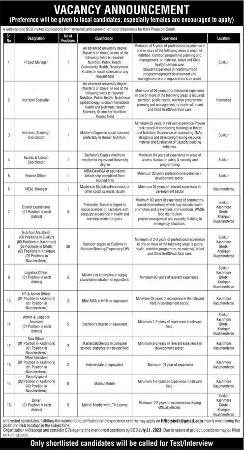 NGO Jobs in Sindh August 2023 Nutrition Assistants, Security Guards, Drivers & Others Latest