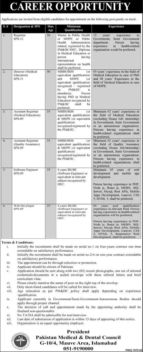 Pakistan Medical and Dental Council Islamabad Jobs September 2023 PMDC Software Engineers & Others Latest