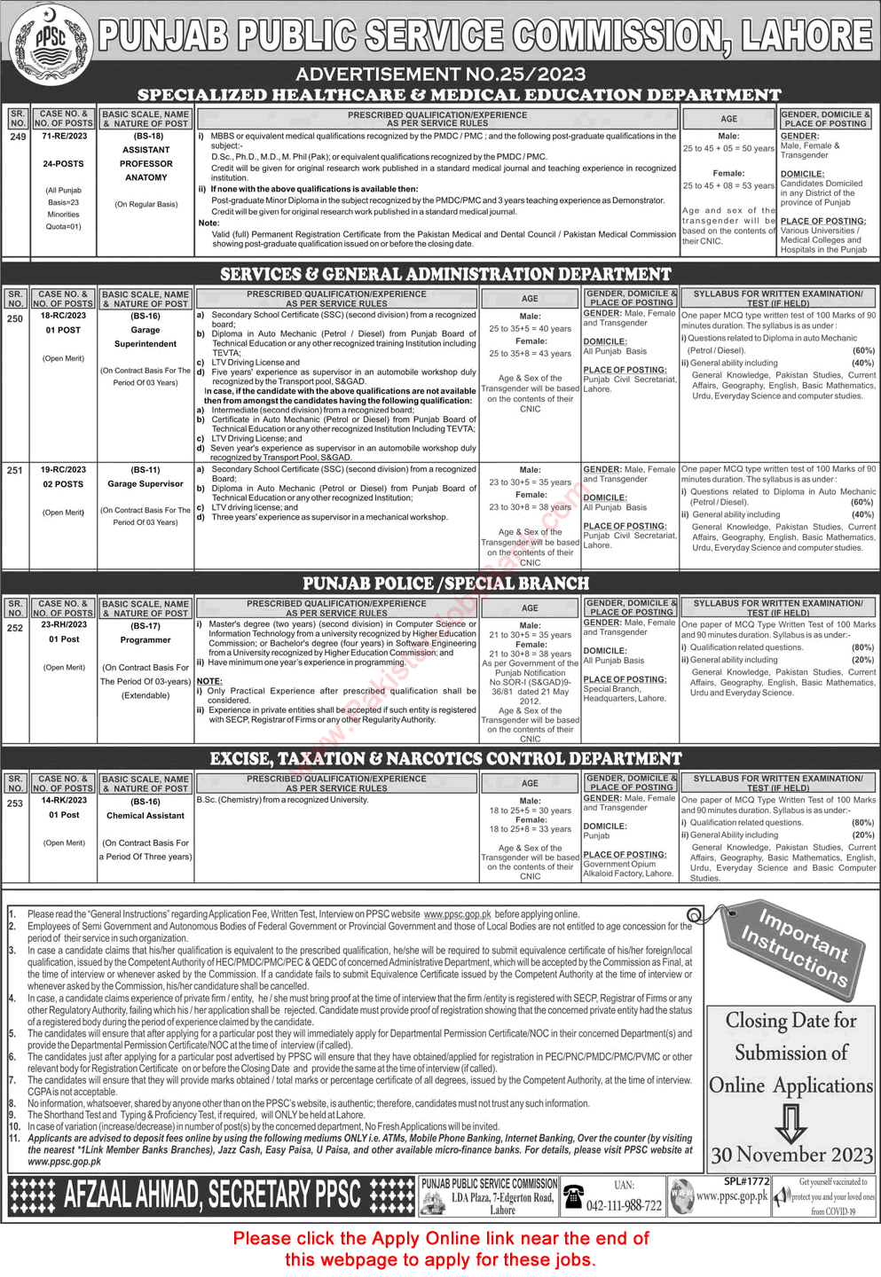 PPSC Jobs November 2023 Online Apply Consolidated Advertisement No 25/2023 Latest