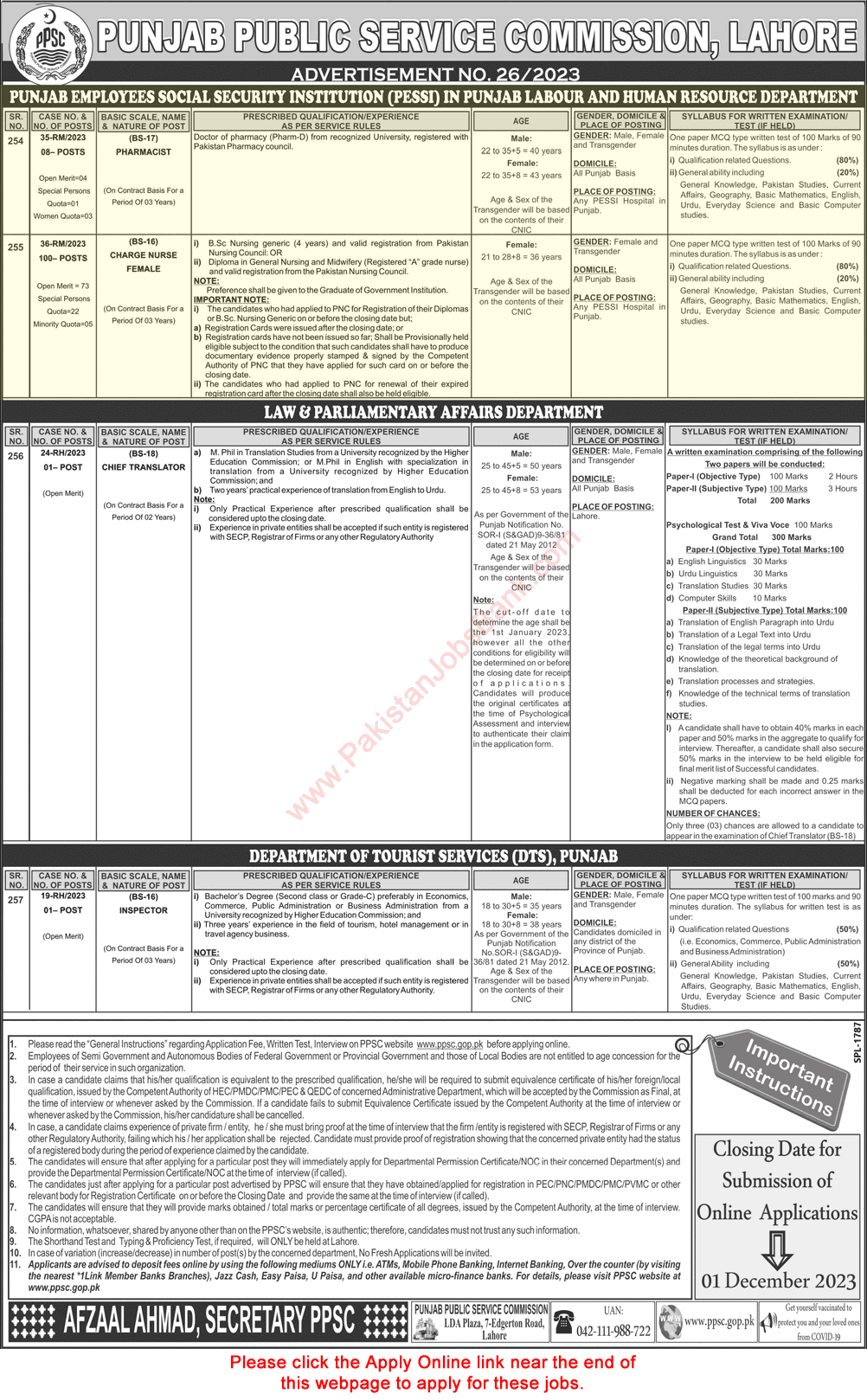 Punjab Employees Social Security Institution Jobs November 2023 PPSC Online Apply PESSI Charge Nurses & Pharmacists Latest