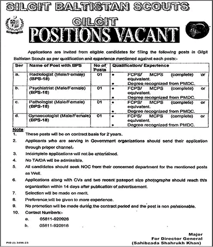 Gilgit Baltistan Scouts Jobs December 2023 Medical Specialist / Consultants Latest