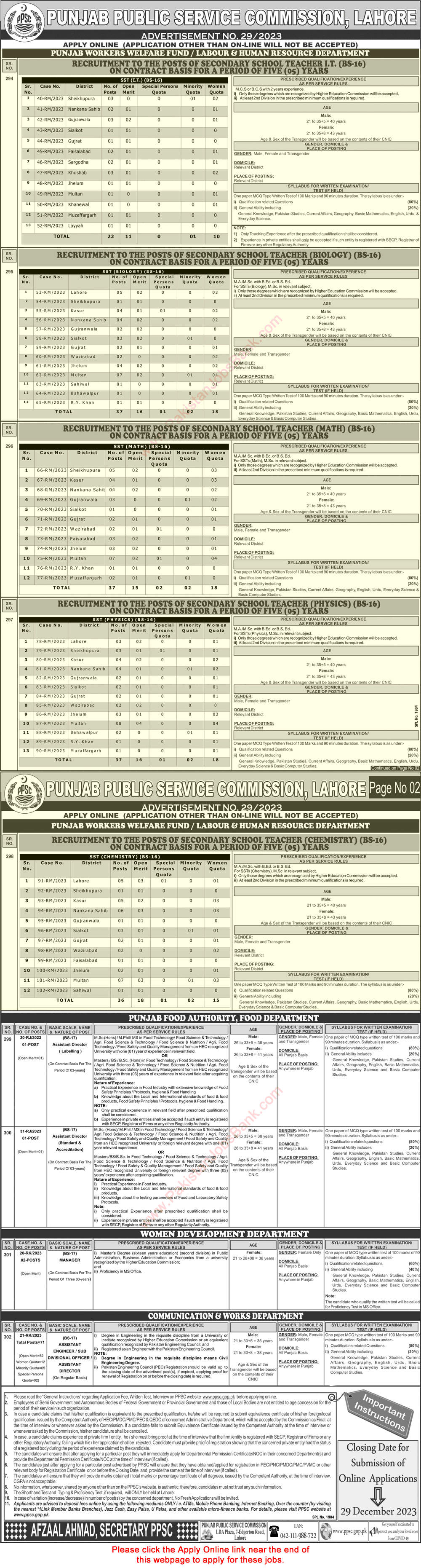 Secondary School Teacher Jobs in Punjab Workers Welfare Board December 2023 PPSC Apply Online Latest