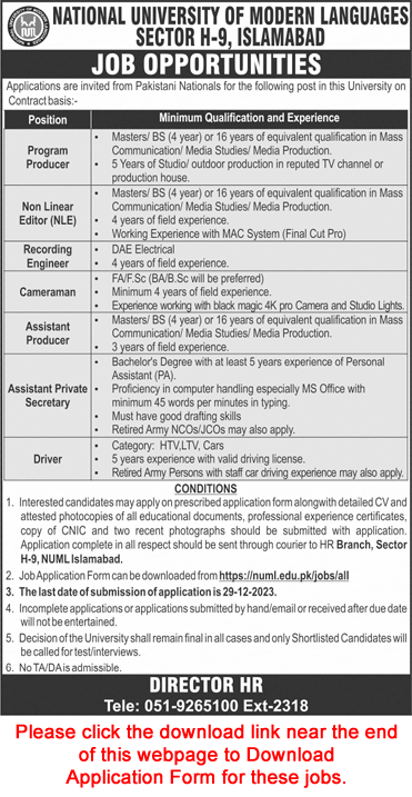 NUML University Islamabad Jobs December 2023 Application Form Latest