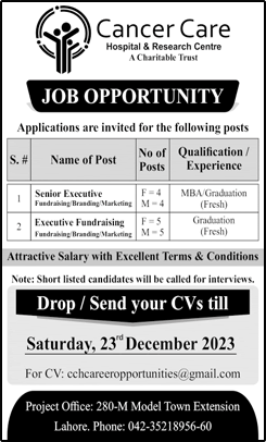 Marketing Jobs in Lahore December 2023 Cancer Care Hospital CCH Fundraising / Branding Latest