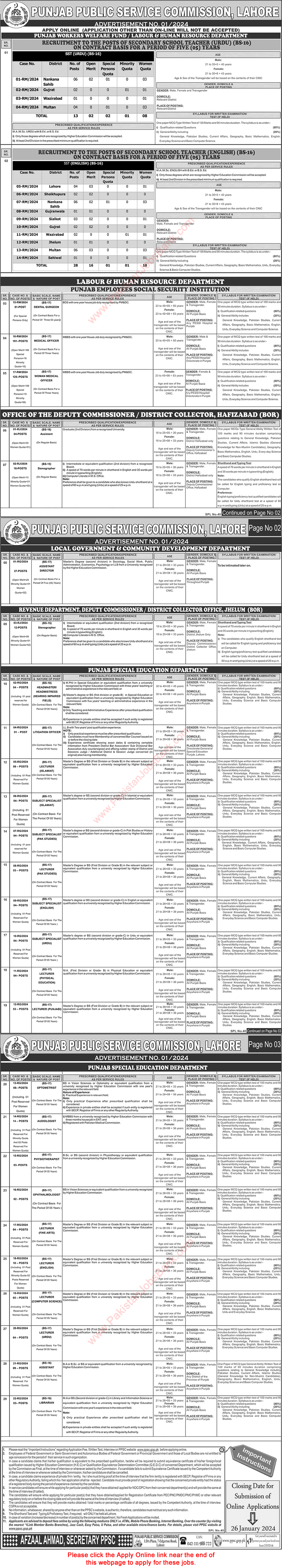 PPSC Jobs 2024 Online Apply Consolidated Advertisement No 01/2024 1/2024