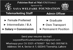 Pakistan Bait ul Mal Lahore Jobs 2024 January / February Old Home Saya Welfare Foundation Latest