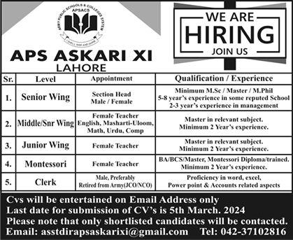 Army Public School Askari 11 Lahore Jobs 2024 February APS Female Teachers & Others Latest