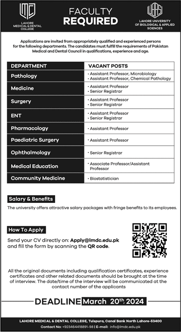 Lahore Medical and Dental College Jobs 2024 February Teaching Faculty & Others LMDC LUBAS Latest