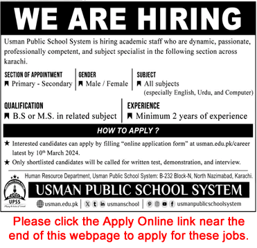 Usman Public School Karachi Jobs 2024 February Apply Online Teachers & Others Latest